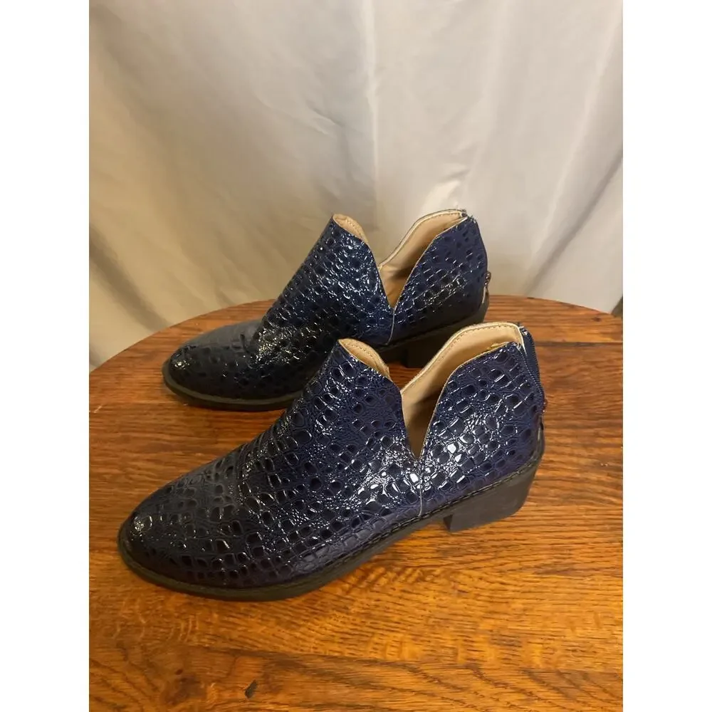 Women’s Navy Blue Croc Embossed Patent Ankle Booties US Size 7.5 EU 38 Back Zip